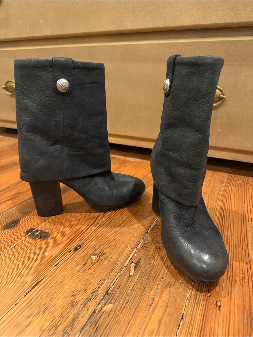 Vince Camuto Black Fold-Over Leather Block Heel Boots